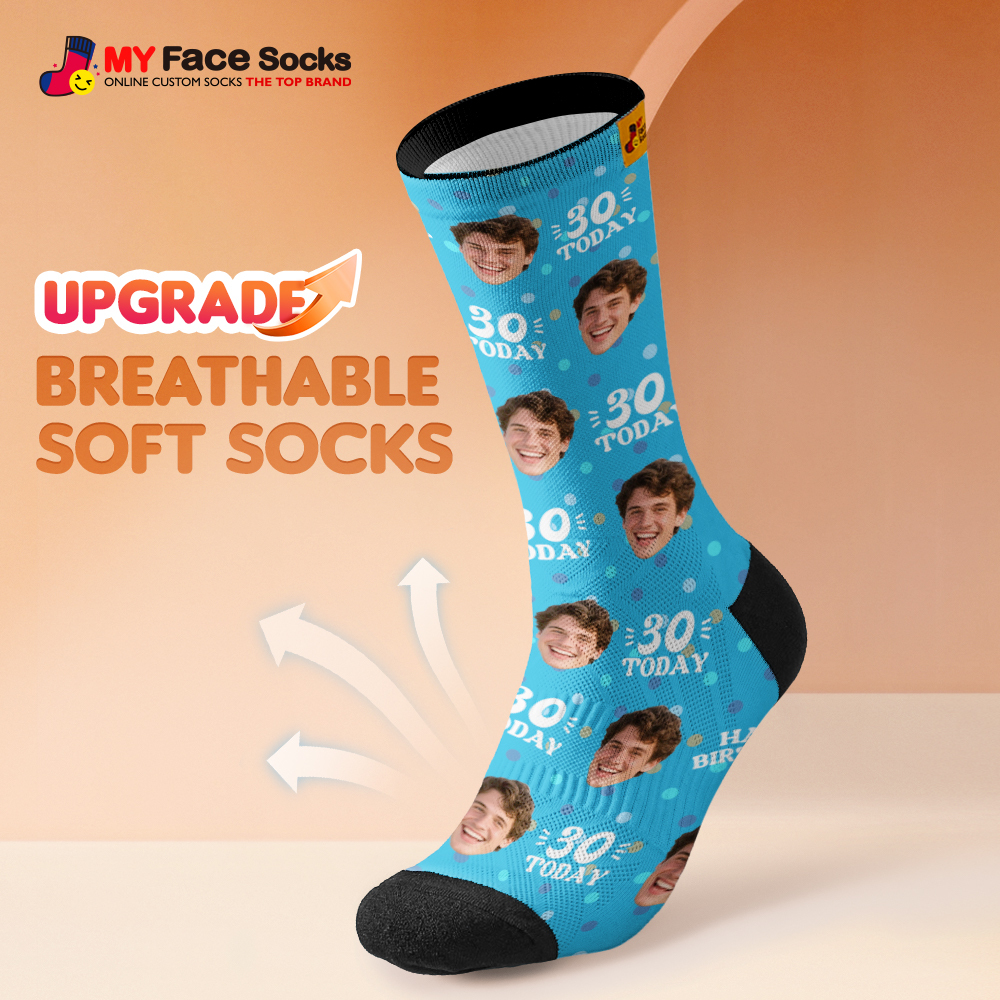 Custom Face Socks Blue Birthday Socks Personalized Birthday Polka Dot Socks with Faces Photo Funny Gift Photo Birthday Socks - MyFaceSocksAU