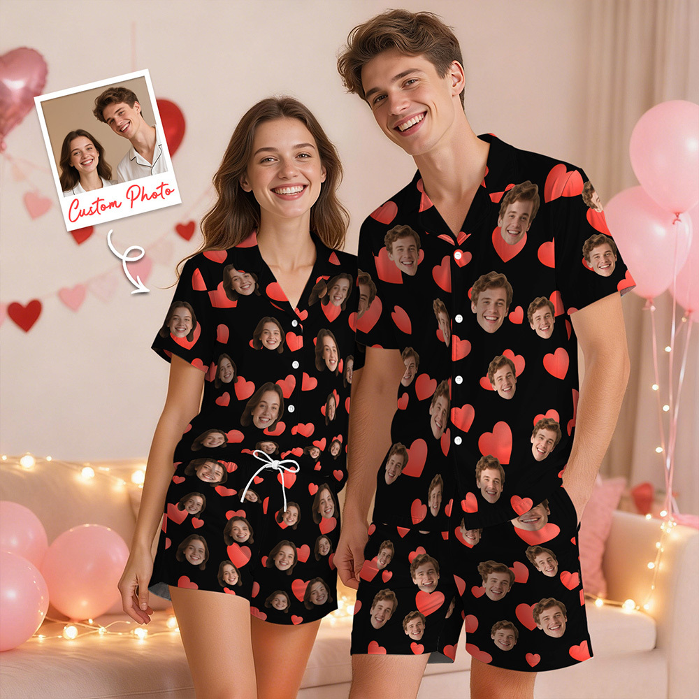 Custom Face Short Sleeve Pajamas Personalised Heart Face Couple Sleepwear Valentine Love Gifts For Her - MyFaceSocksAU