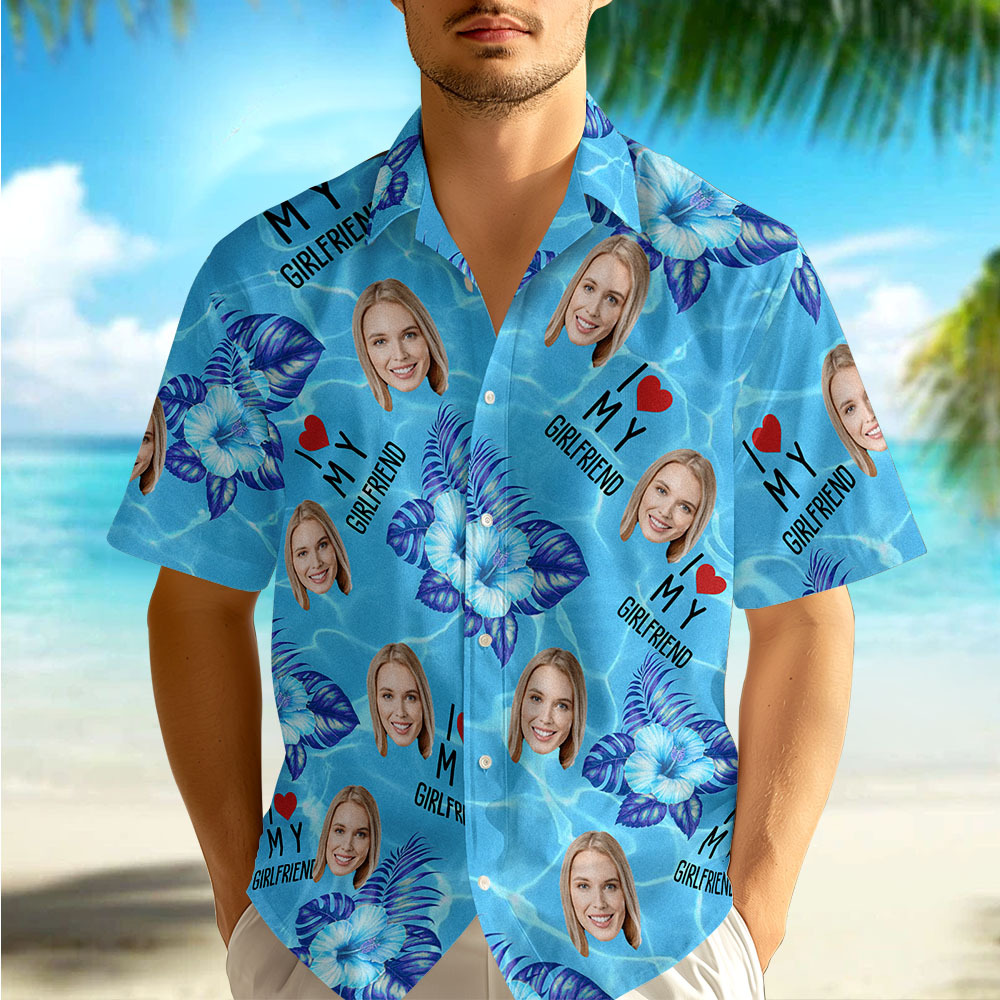 Personalized Face Hawaiian Shirt Summer Vacation Couple Face Hawaiian Shirt I Love My Wife Light Blue Flower Hawaiian Shirt - MyFaceSocksAU