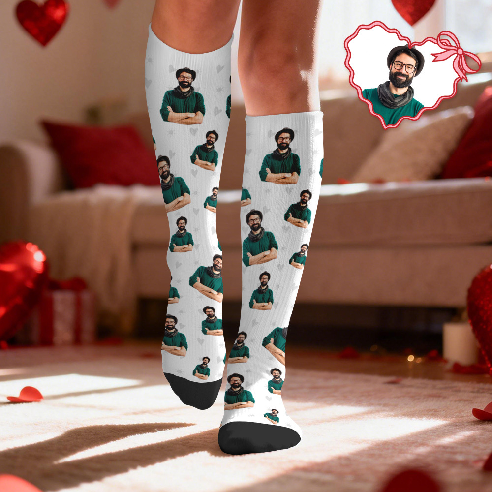 Custom Face Compression Socks Personalized Knee-High Socks with Photo Heart Face Gift for Him Her - MyFaceSocksAU