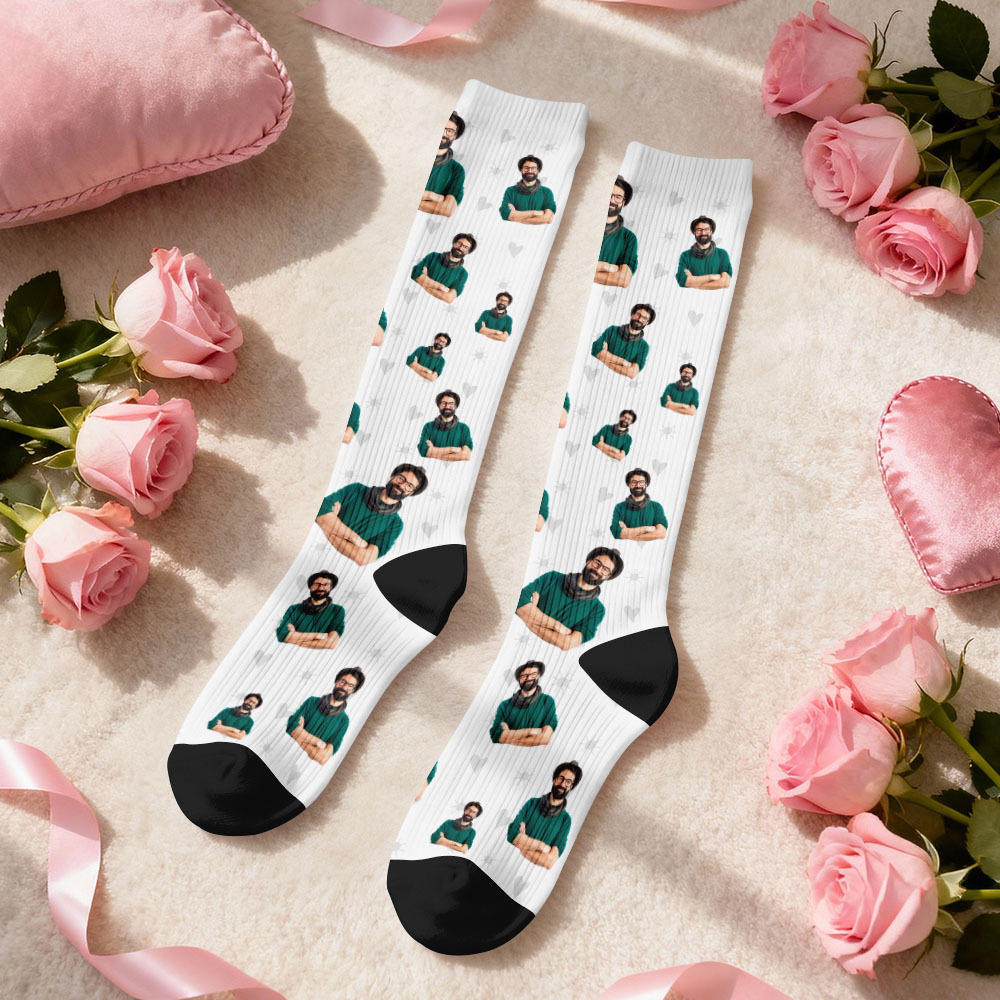 Custom Face Compression Socks Personalized Knee-High Socks with Photo Heart Face Gift for Him Her - MyFaceSocksAU