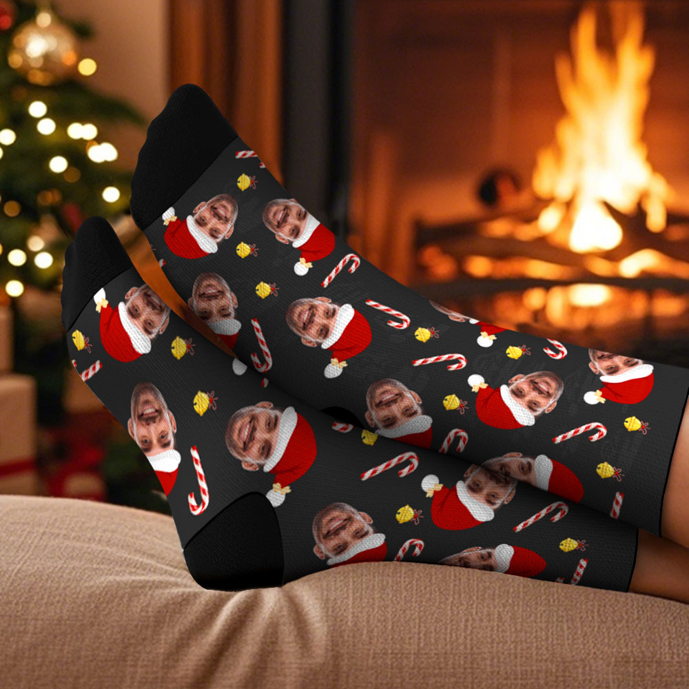 Custom Christmas Socks with Tree Lights Personalized Face Festive Socks for Holiday Gift - MyFaceSocksAU