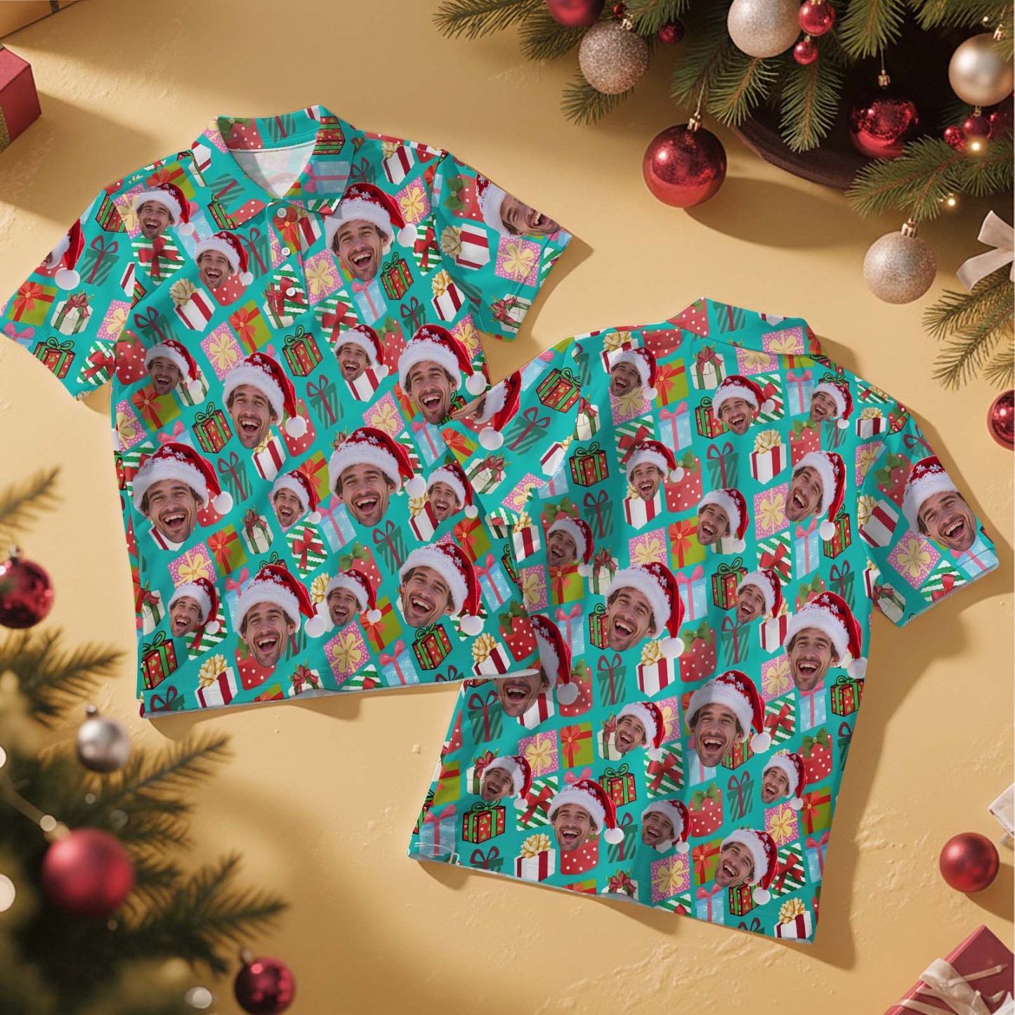 Custom Face Christmas Green Gift Box Christmas Polo Shirt Personalized Golf Shirt for Men Holiday Gifts - MyFaceSocksAU