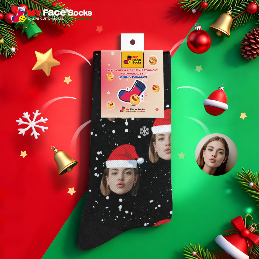 Personalized Christmas Socks Black SantaPhoto Socks Custom Christmas Socks Gift for Family Couple - MyFaceSocksAU