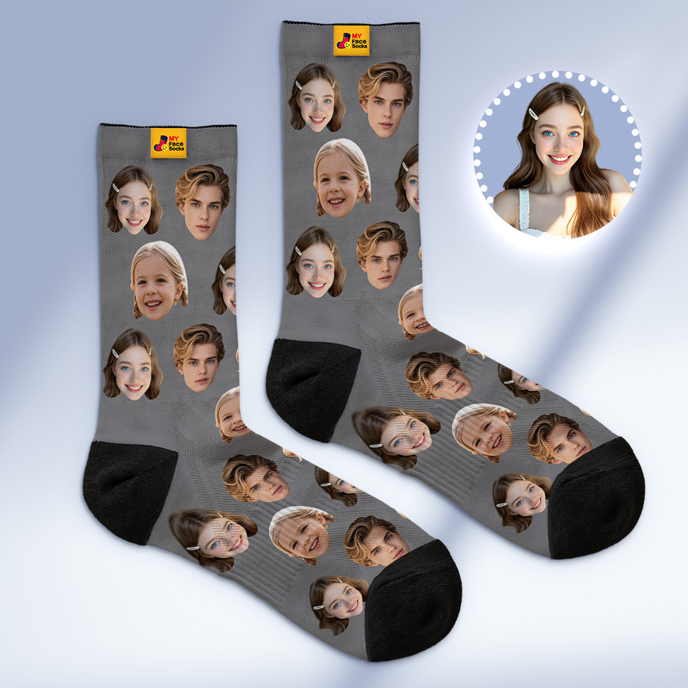 Custom Face Socks Personalized Socks with Faces Photo Gray Funny Gift Photo Family Socks - MyFaceSocksAU
