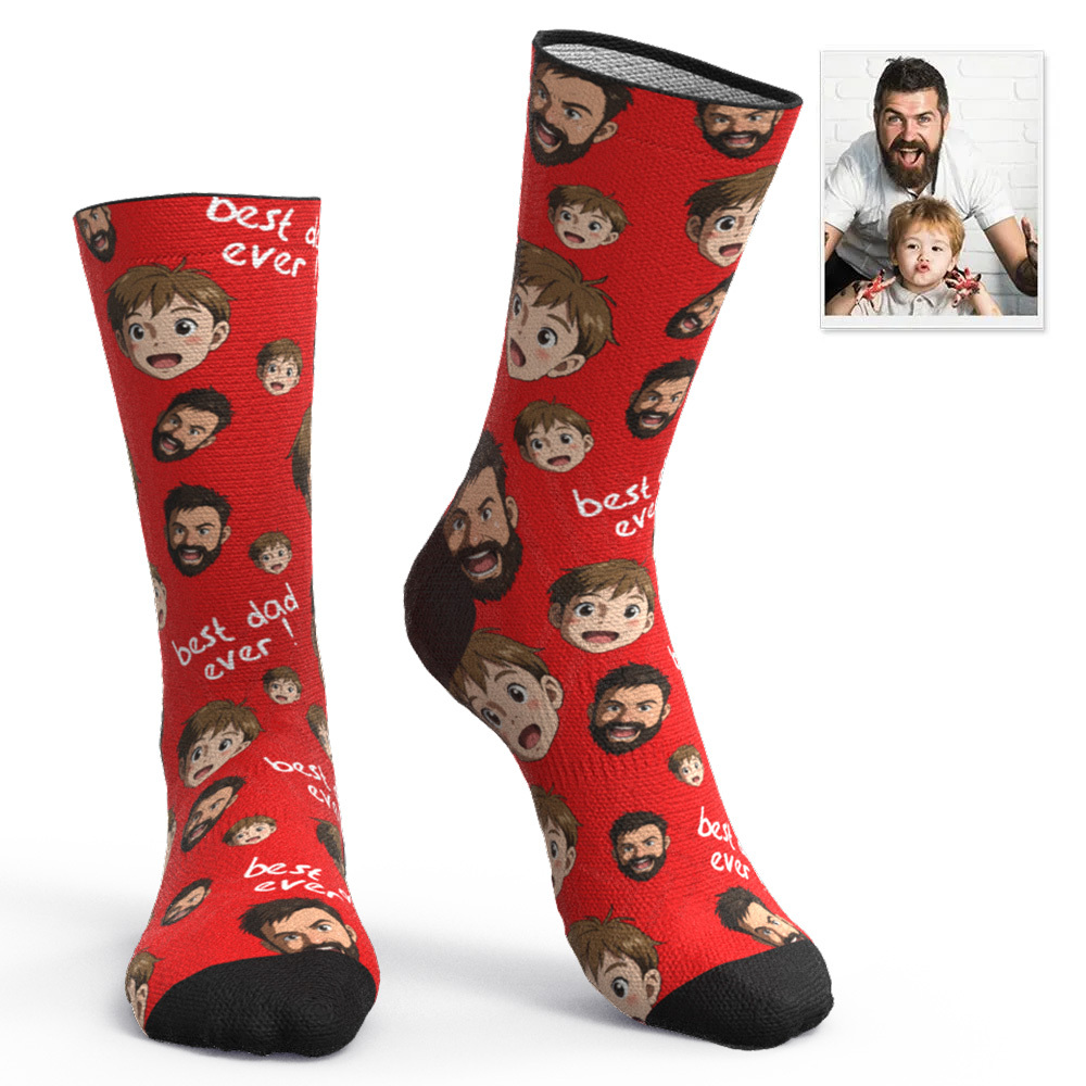 Custom Cartoon Dad Photo Print Socks Colorful Grey Blue Socks Personalized Custom Design Best Fathers Day Gift - MyFaceSocksAU