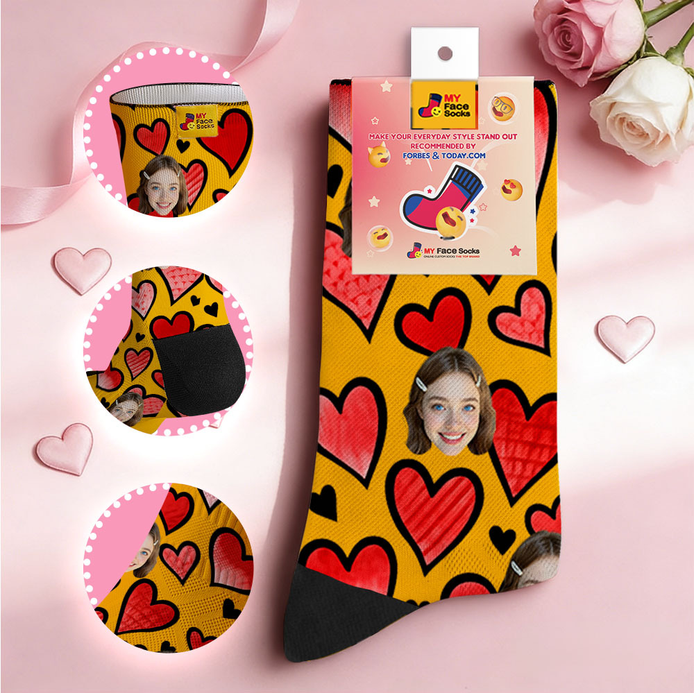 Custom Colorful Face Socks Personalized Valentine Day Socks with Photo Cute Heart Pattern Couple Gift - MyFaceSocksAU