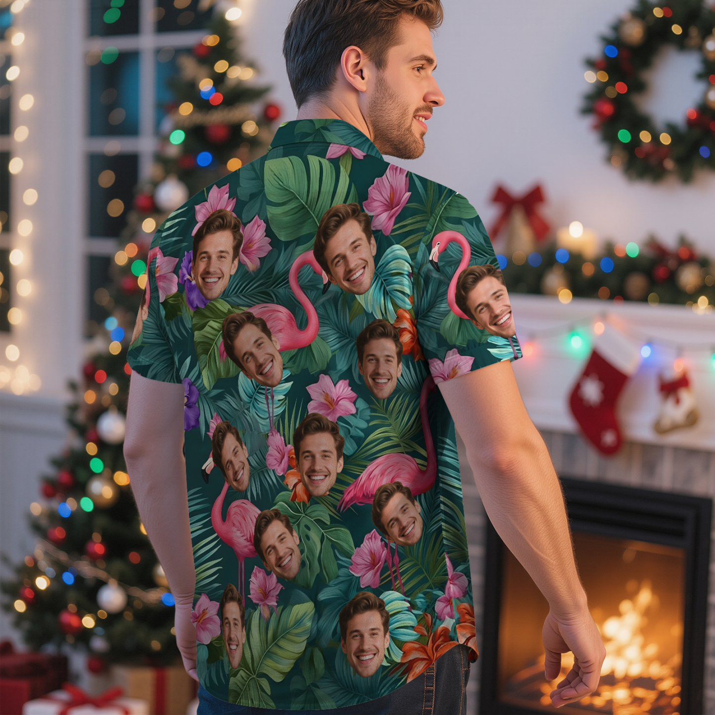 Custom Face Green Tree Hawaiian Shirt Personalized Men Hawaiian Shirt With Face Photo Hawaiian Shirt Aloha Shirt Christmas Gift - MyFaceSocksAU