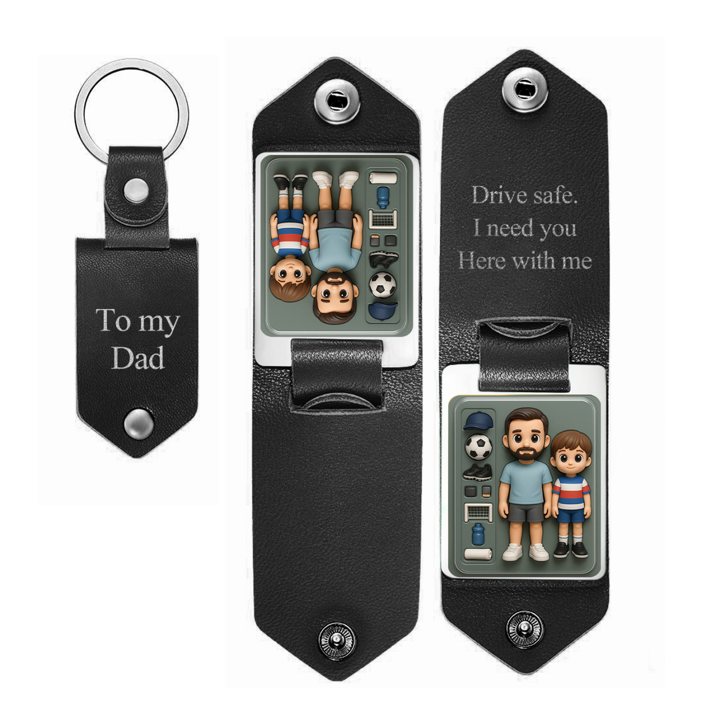 Custom Leather Dad Cartoon Poke Photo Keychain Personalized Engraved Text Commemorative Keychain Fathers Day Gifts - MyFaceSocksAU
