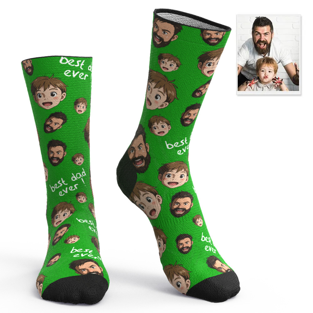 Custom Cartoon Dad Photo Print Socks Colorful Grey Blue Socks Personalized Custom Design Best Fathers Day Gift - MyFaceSocksAU
