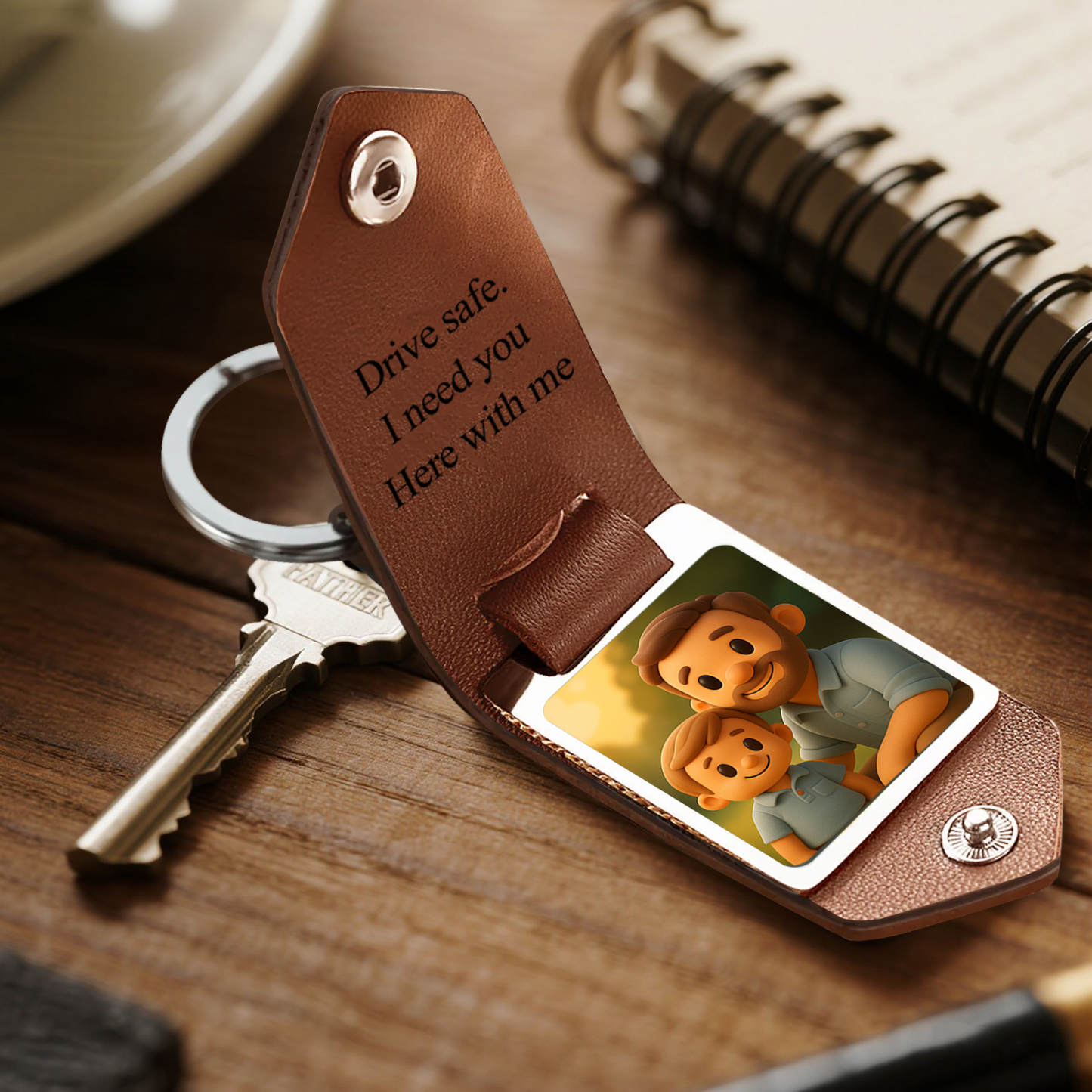 Custom Leather Dad Cartoon Poke Photo Keychain Personalized Engraved Text Commemorative Keychain Fathers Day Gifts - MyFaceSocksAU