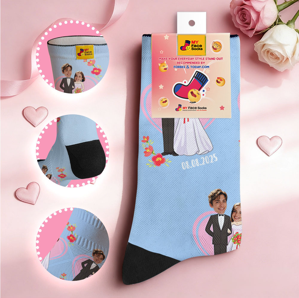 Custom Wedding Theme Colorful Face Socks Personalized Valentine Day Socks with Photo Cute Couple Gift - MyFaceSocksAU
