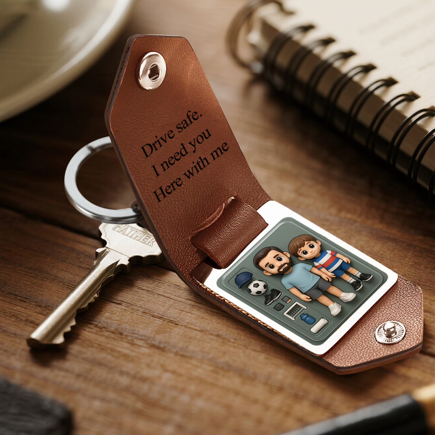 Custom Leather Dad Cartoon Poke Photo Keychain Personalized Engraved Text Commemorative Keychain Fathers Day Gifts - MyFaceSocksAU
