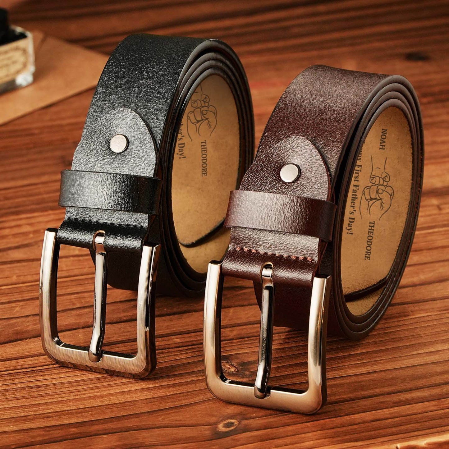 Personalised Engraved Name Leather Belts Fist Bump Gifts for Him Dad