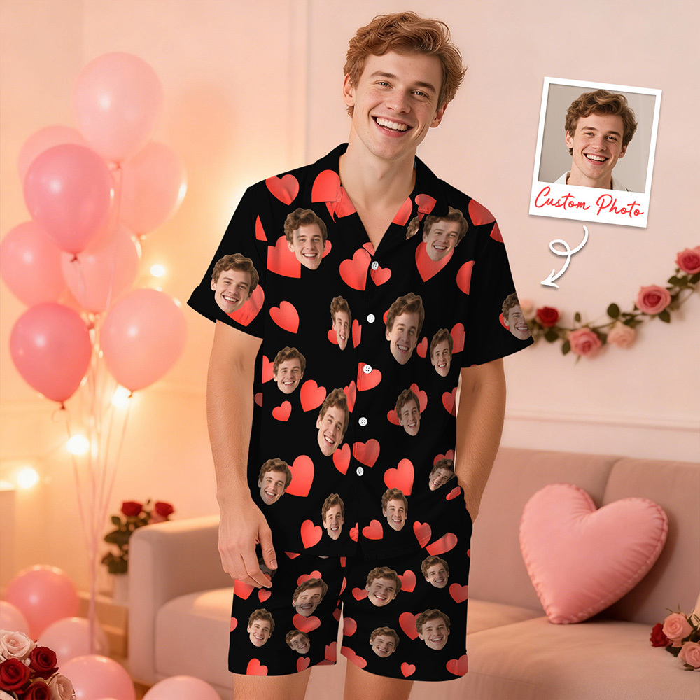 Custom Face Short Sleeve Pajamas Personalised Heart Face Couple Sleepwear Valentine Love Gifts For Her - MyFaceSocksAU