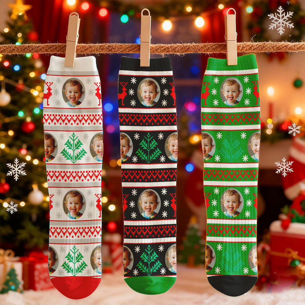 Custom Face Printed Socks Christmas Gift Snowflake Deer Pattern Personalized Custom Designs Best Santa Gift Idea - MyFaceSocksAU
