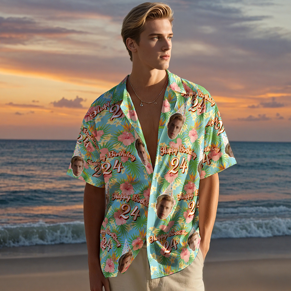 Custom Body Face Birthday Hawaiian Shirt Custom Date and Name Beer Flower and Palm Tree Shirt 5-STYLES - MyFaceSocksAU