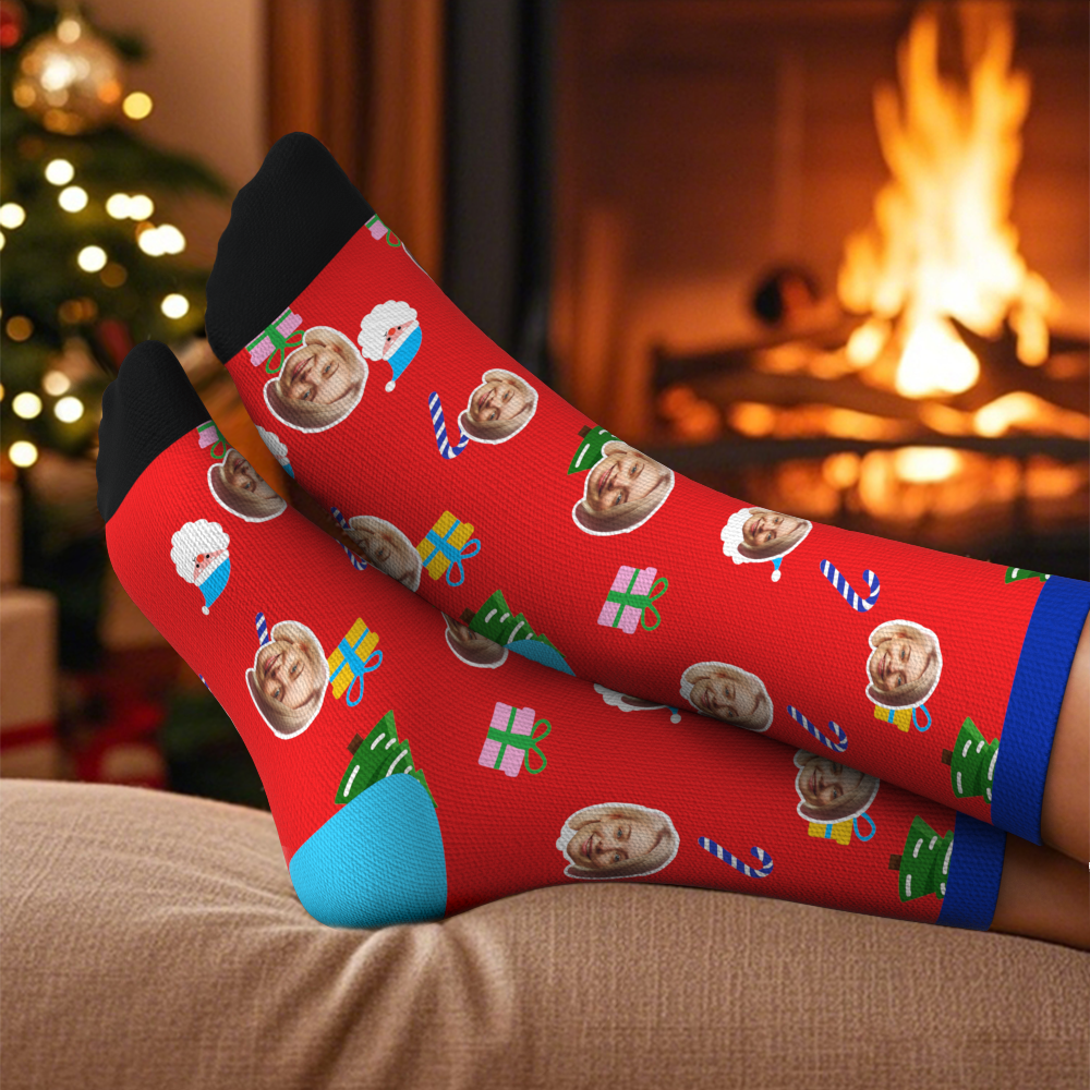 Chrismas Socks Custom Full Face Photo Socks Personalized Funny Custom Design Best Gift Idea for Xmas Multicolor - MyFaceSocksAU