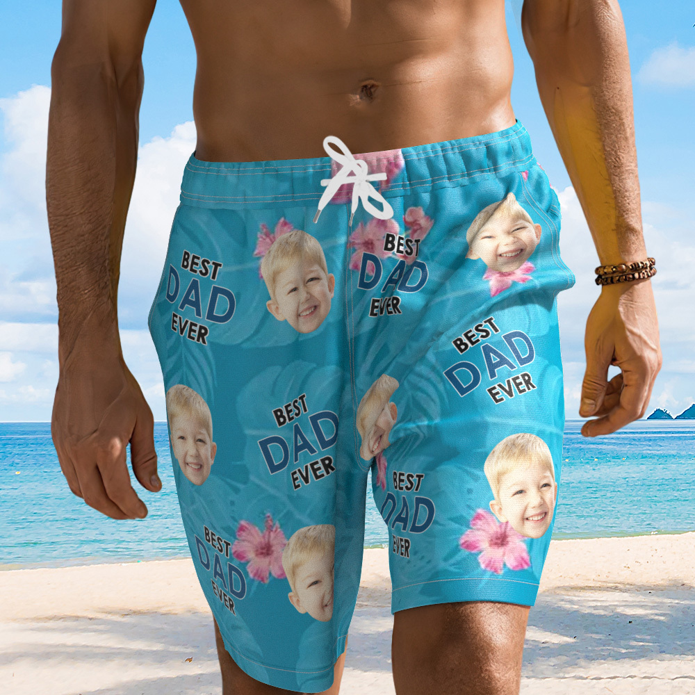 Personalized Face Mens Swim Trunks Custom Text Just A Dad and His Girl Tropical Swim Shorts for Dad - MyFaceSocksAU