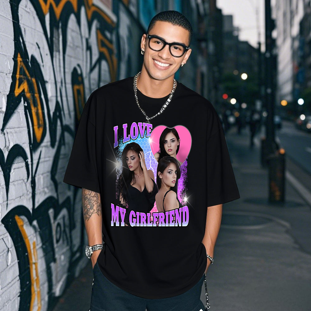 Custom Photo Tee Personalized Photo T Shirt I LOVE MY GIRLFRIEND Heart Couple Anniversary Valentine Gift - MyFaceSocksAU