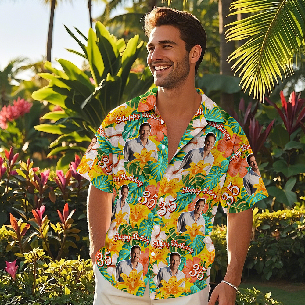 Custom Body Face Birthday Hawaiian Shirt Custom Date and Name Beer Flower and Palm Tree Shirt 5-STYLES - MyFaceSocksAU