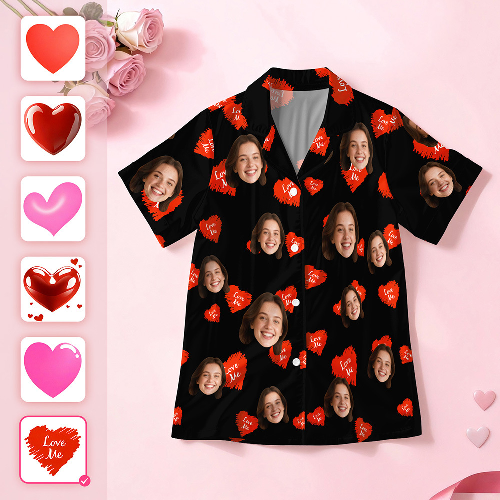 Custom Face Short Sleeve Pajamas Personalised Heart Face Couple Sleepwear Valentine Love Gifts For Her - MyFaceSocksAU