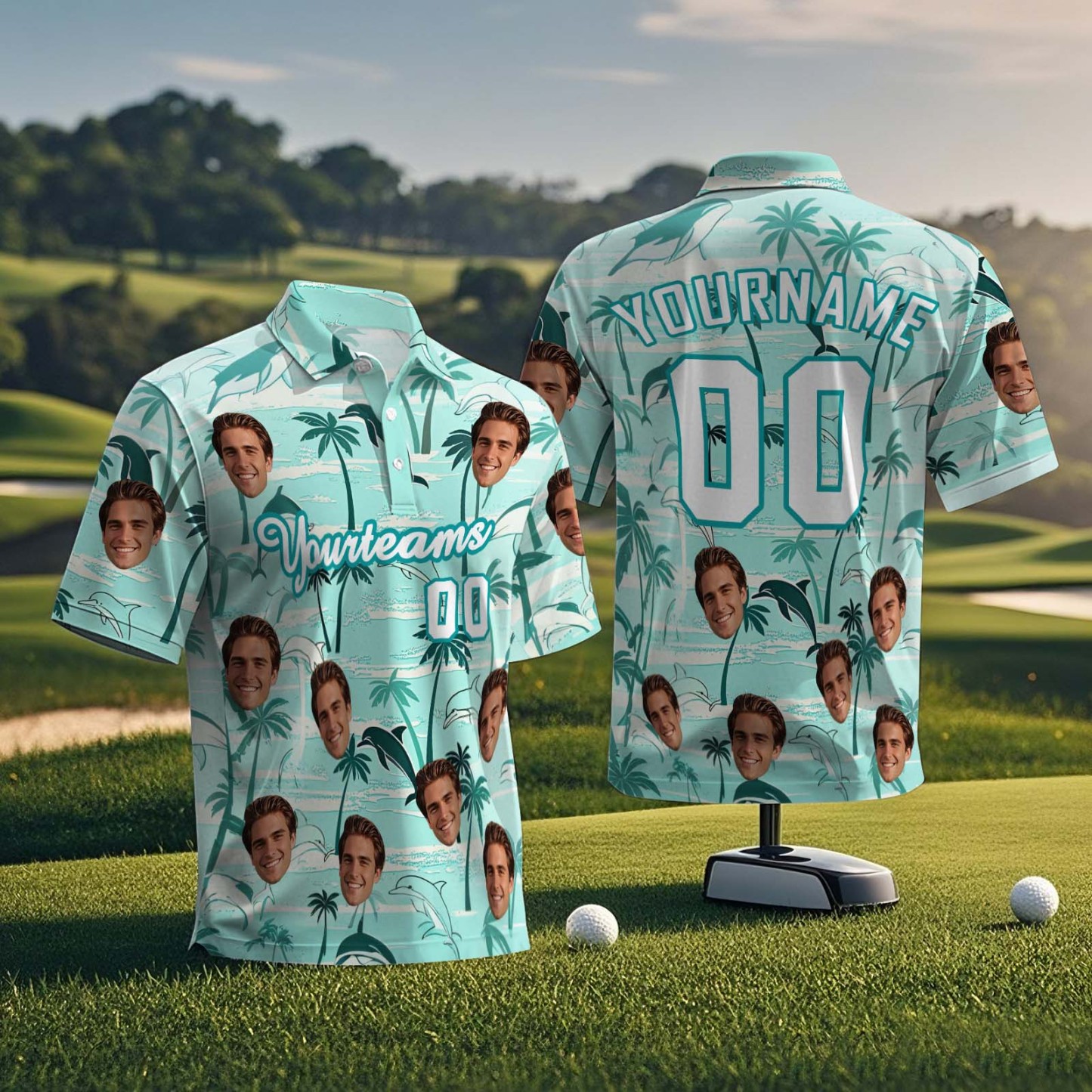 Custom Face Polo Sunset Blue Palm Trees Golf Polo Shirt Text or Not Team Polo Shirt - MyFaceSocksAU