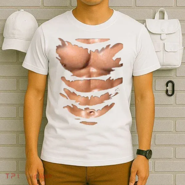 Ripped Chest T-Shirt for Men – Funny Fake Muscles Tee, Halloween Costume or Gift for Gym Lovers - MyFaceSocksAU