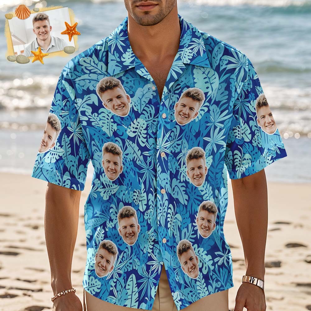 Personalized Blue Leveas Face Hawaiian Shirt Custom Face Photo Shirt for Men Fun Summer Vacation Gift - MyFaceSocksAU