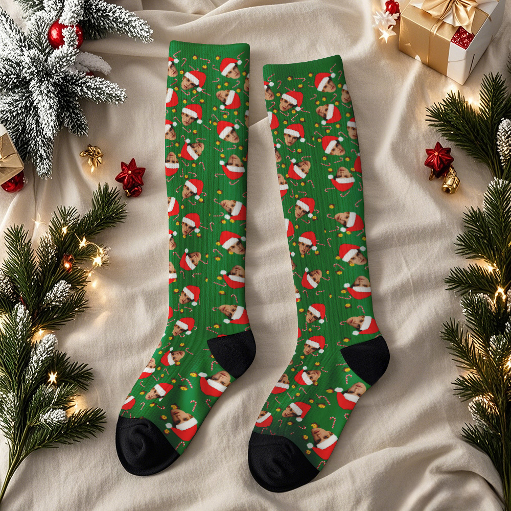 Custom Tree Gift Knee-high Socks Christmas Present Socks Custom Face Knee High Socks Fun Gift for Family Friends & Lovers - MyFaceSocksAU