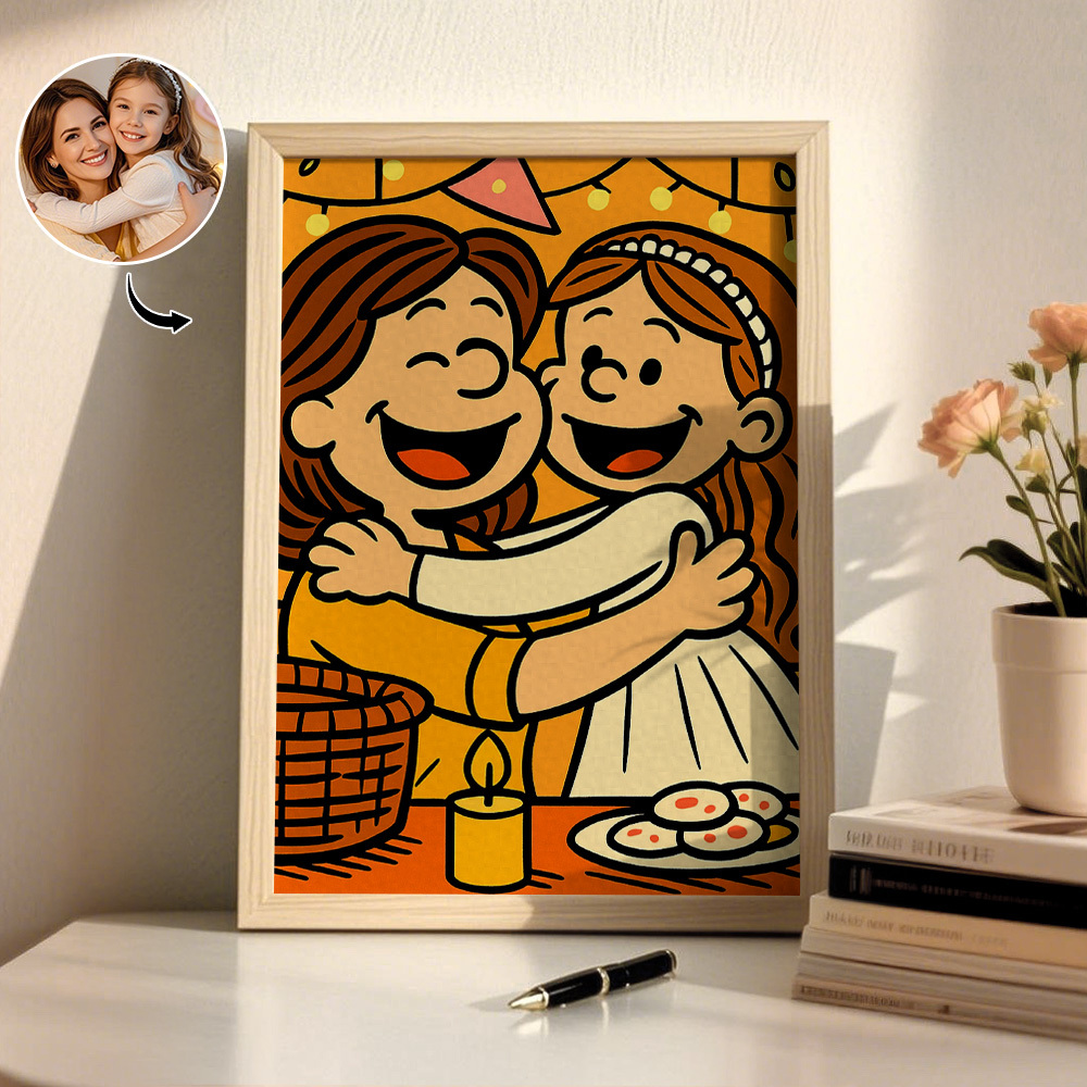Custom Cartoon Photo Wooden Frame Decorations Romantic Decor Plaque Gifts for Family - MyFaceSocksAU