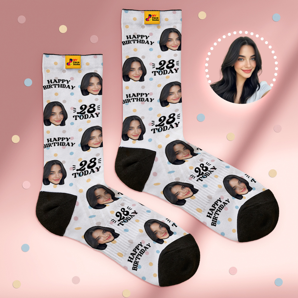 Custom Face Socks White Birthday Socks Personalized Birthday Polka Dot Socks with Faces Photo Funny Gift Photo Birthday Socks - MyFaceSocksAU
