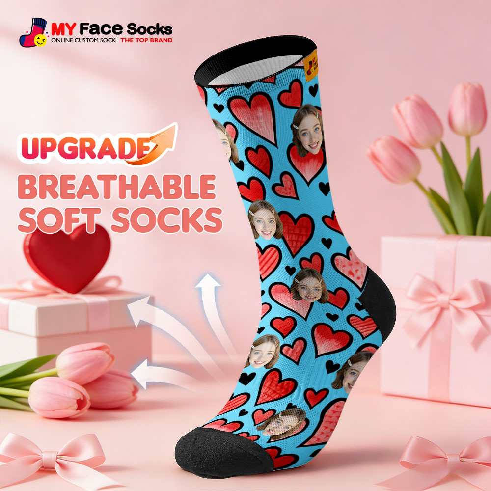 Custom Colorful Face Socks Personalized Valentine Day Socks with Photo Cute Heart Pattern Couple Gift - MyFaceSocksAU