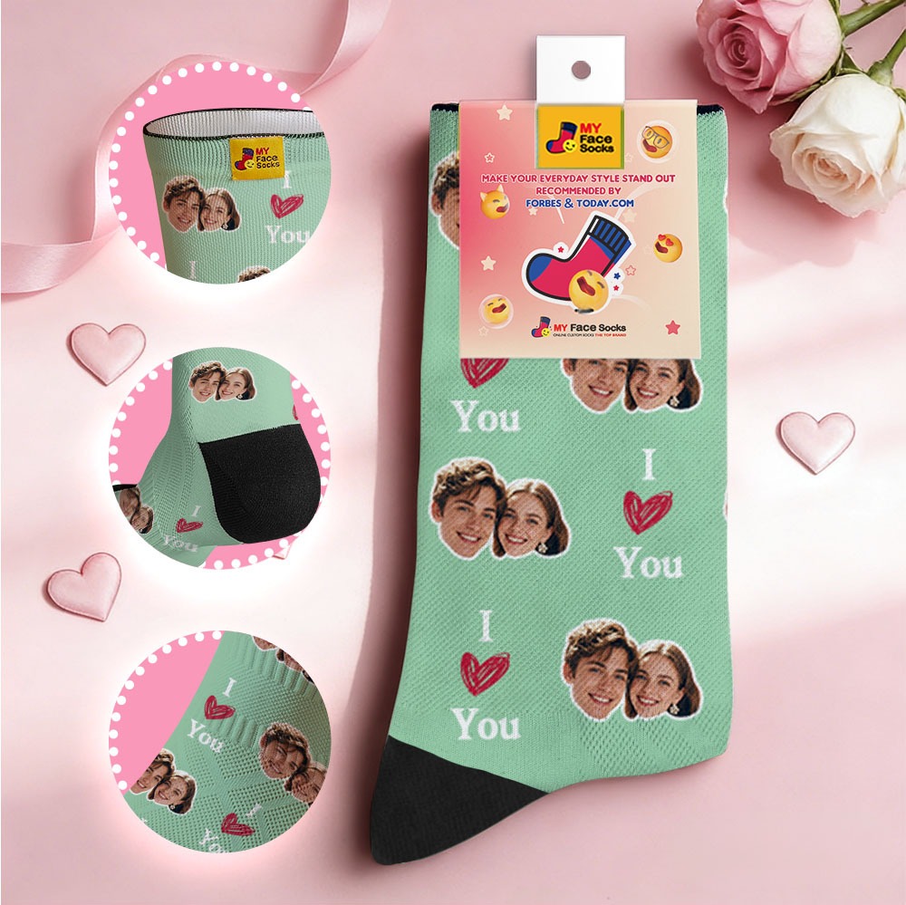 Custom Couple Theme Heart Face Socks Personalized I Love You Couple Valentine Day Socks with Photo Cute Couple Gift - MyFaceSocksAU