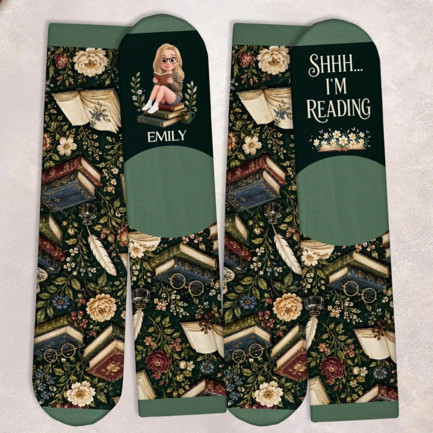 Custom Shh I'm Reading Crew Socks - Personalized Bookish Gifts For Book Lovers, Bookworms, Readers - Living In A Fictional World - MyFaceSocksAU