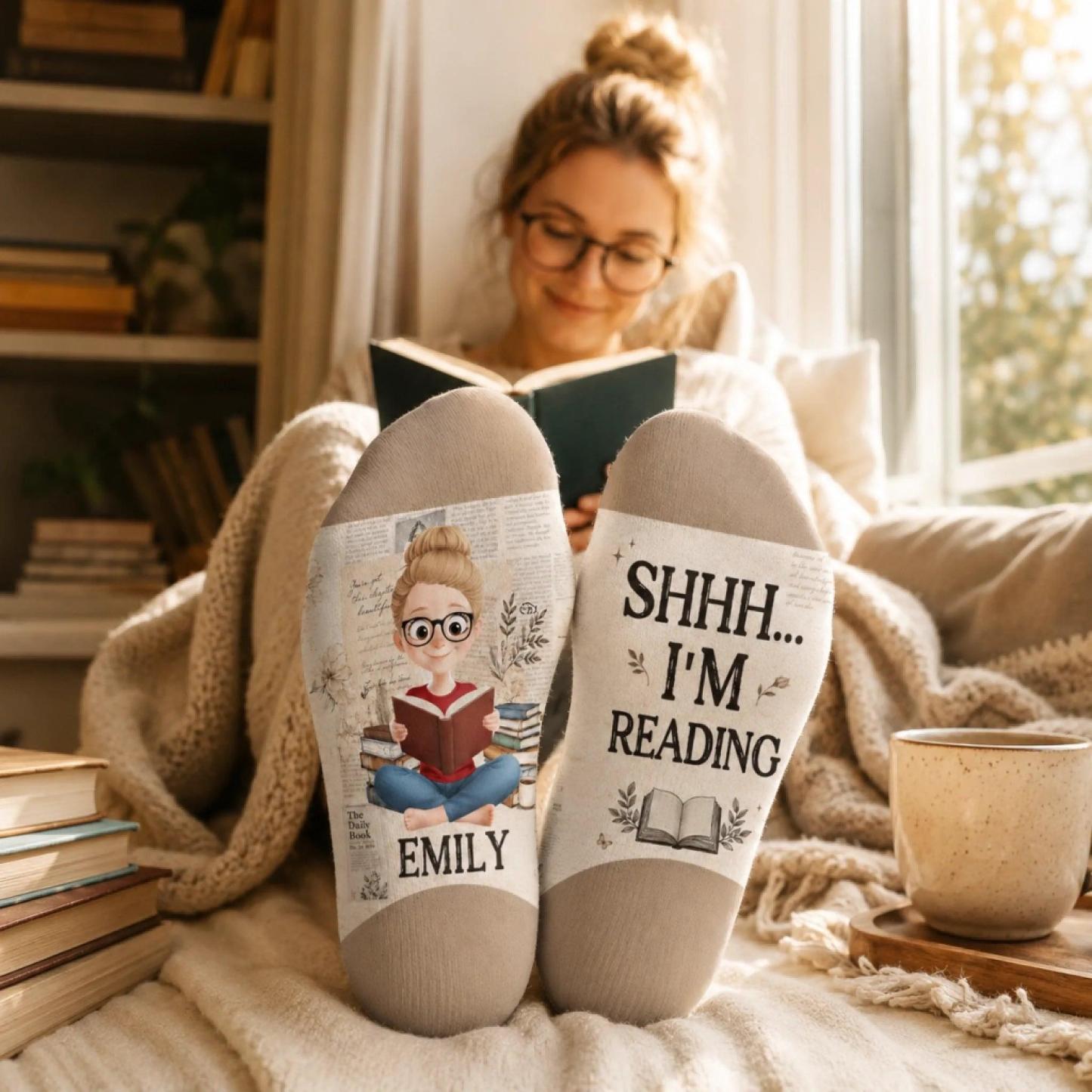 Custom Crew Socks - Personalized Bookish Gifts For Book Lovers, Bookworms, Readers - Do Not Disturb I Am Reading - MyFaceSocksAU
