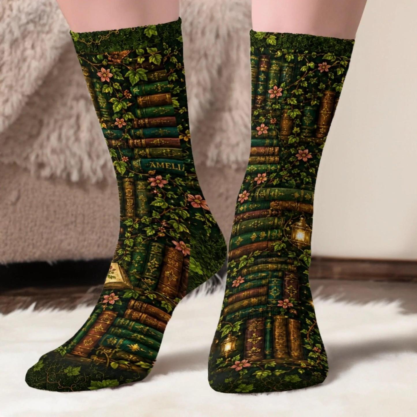 Custom Crew Socks - Personalized Bookish Gifts For Book Lovers, Bookworms, Readers - Living Inside A Fictional Story - MyFaceSocksAU