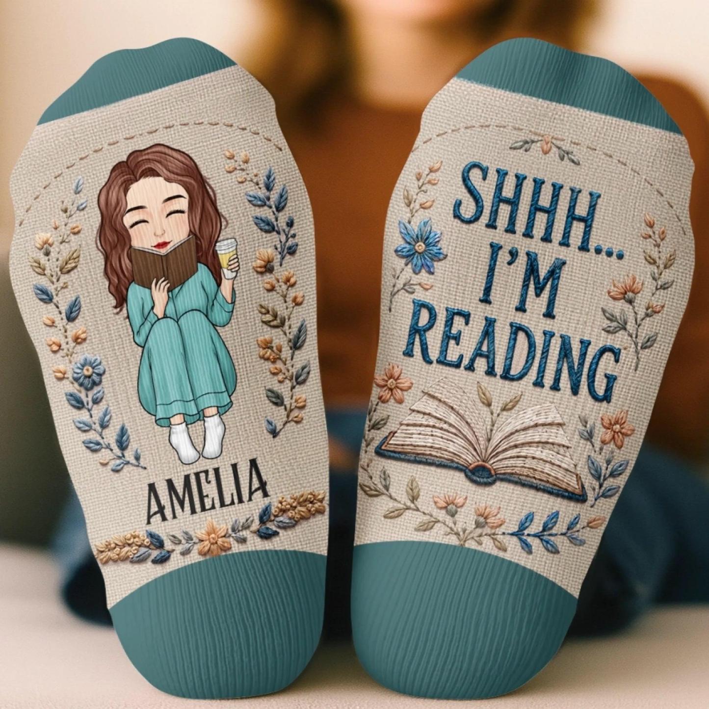 Custom Shh I'm Reading Crew Socks - Personalized Bookish Gifts For Book Lovers, Bookworms, Readers - Turn The Page In Total Peace - MyFaceSocksAU