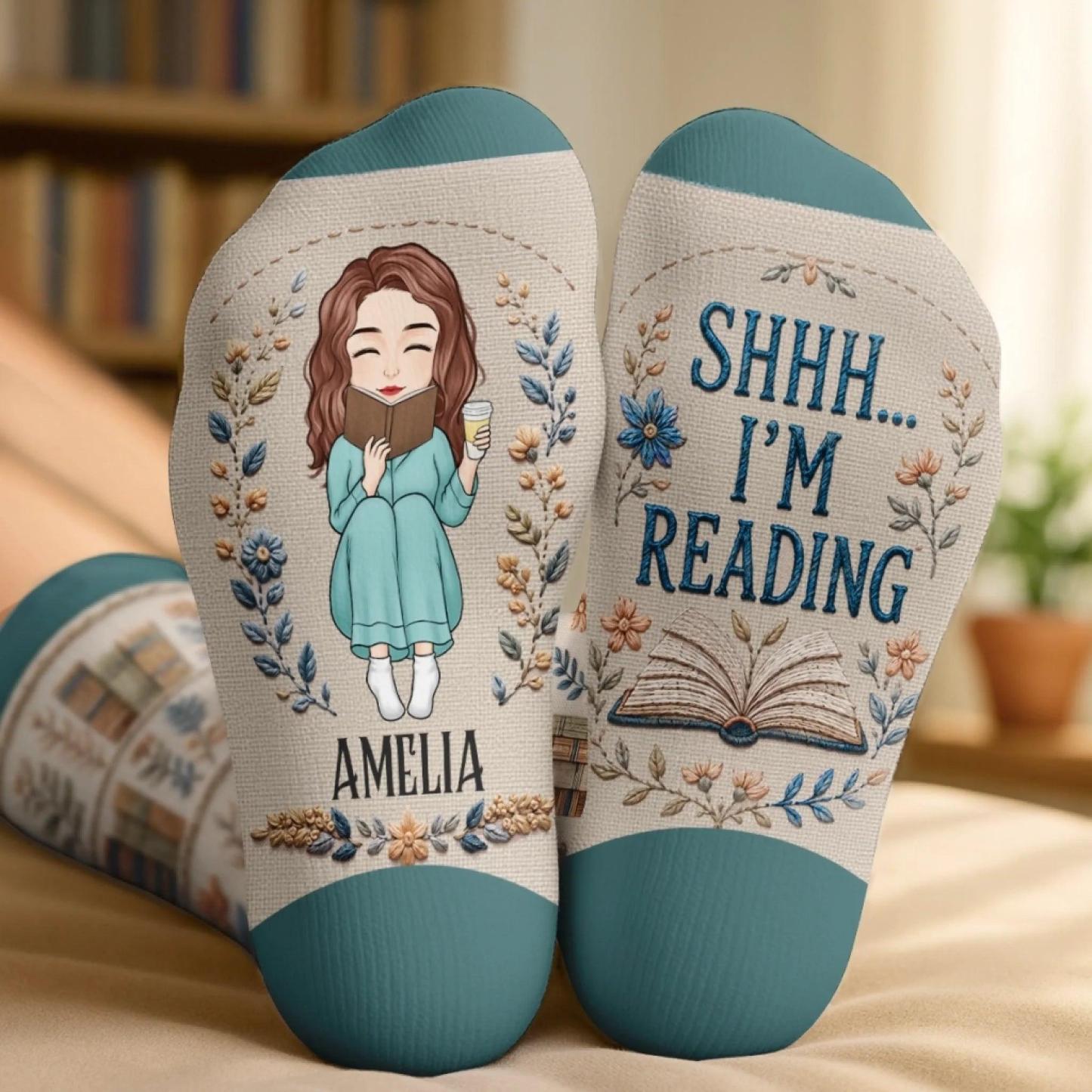 Custom Shh I'm Reading Crew Socks - Personalized Bookish Gifts For Book Lovers, Bookworms, Readers - Turn The Page In Total Peace - MyFaceSocksAU