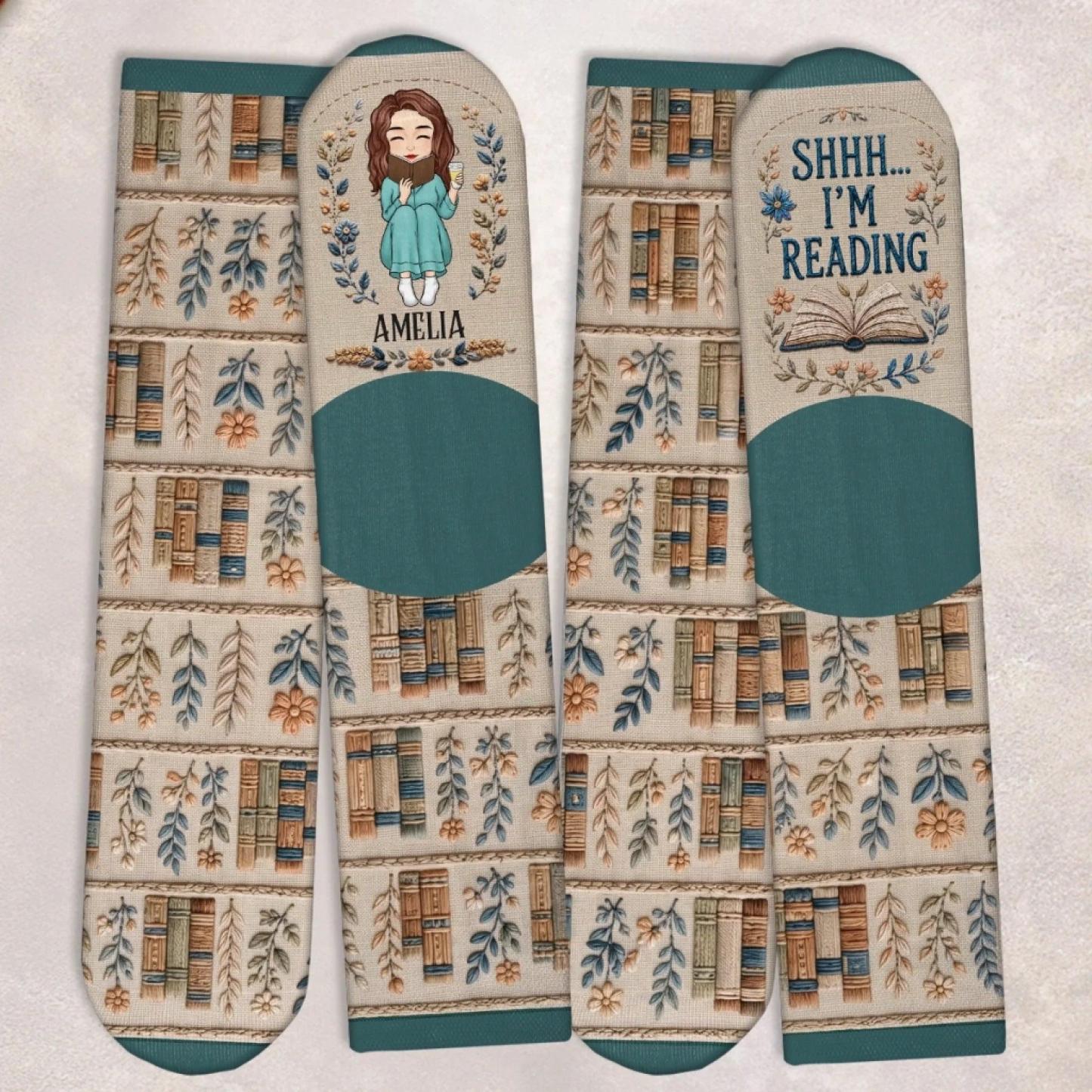 Custom Shh I'm Reading Crew Socks - Personalized Bookish Gifts For Book Lovers, Bookworms, Readers - Turn The Page In Total Peace - MyFaceSocksAU