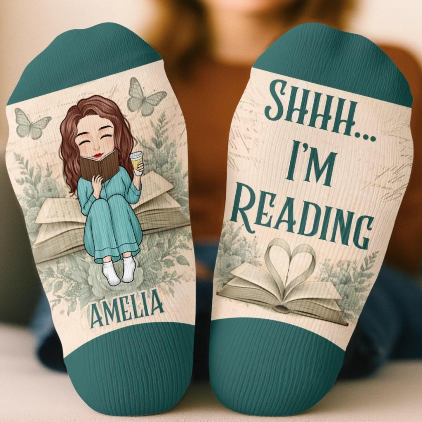 Custom Shh I'm Reading Crew Socks - Personalized Bookish Gifts For Book Lovers, Bookworms, Readers - Curated By Words - MyFaceSocksAU