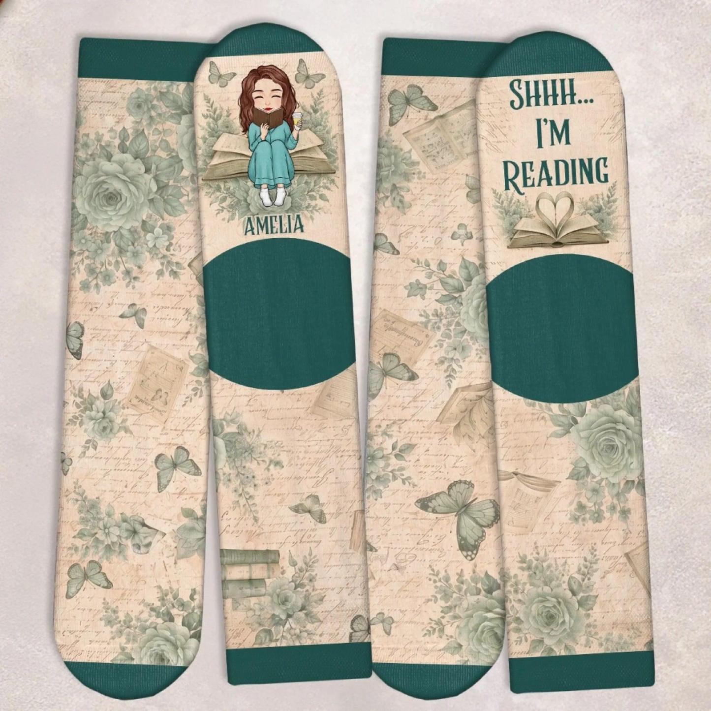 Custom Shh I'm Reading Crew Socks - Personalized Bookish Gifts For Book Lovers, Bookworms, Readers - Curated By Words - MyFaceSocksAU