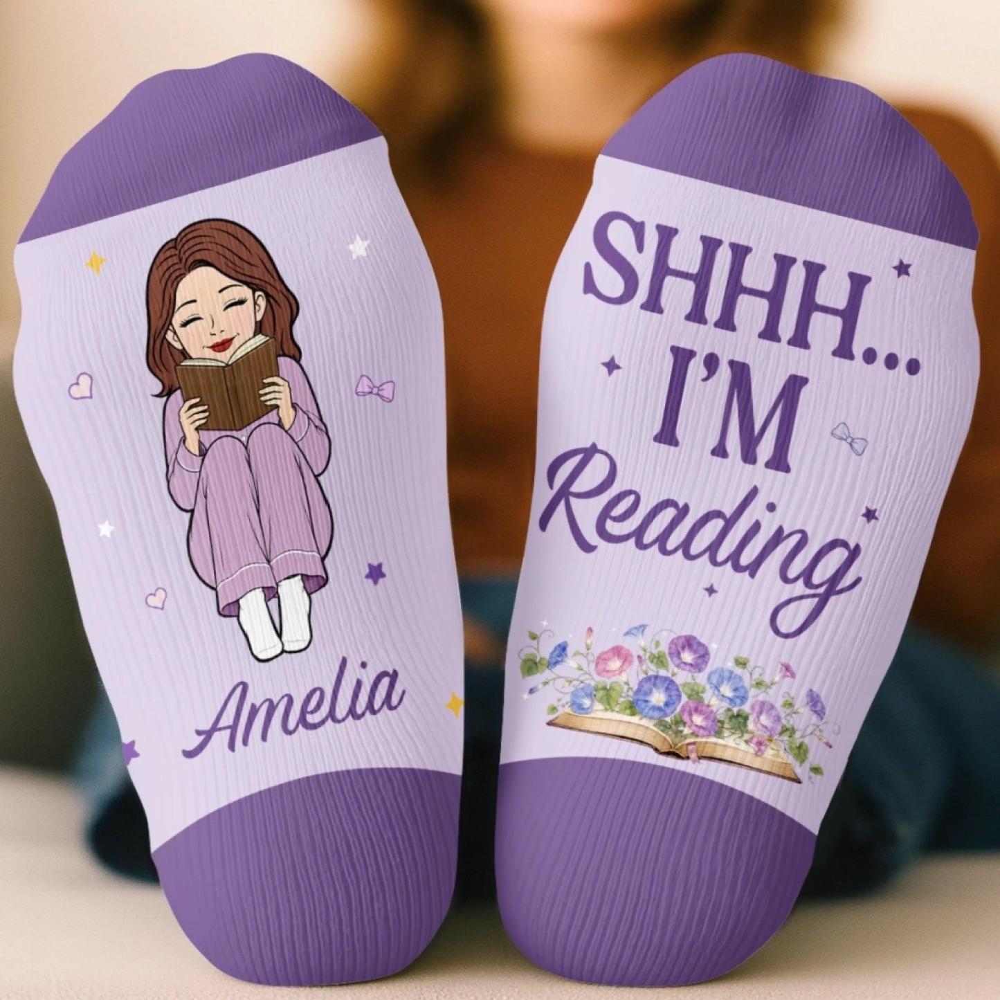 Custom Shh I'm Reading Crew Socks - Personalized Bookish Gifts For Book Lovers, Bookworms, Readers - Easily Distracted By Books - MyFaceSocksAU
