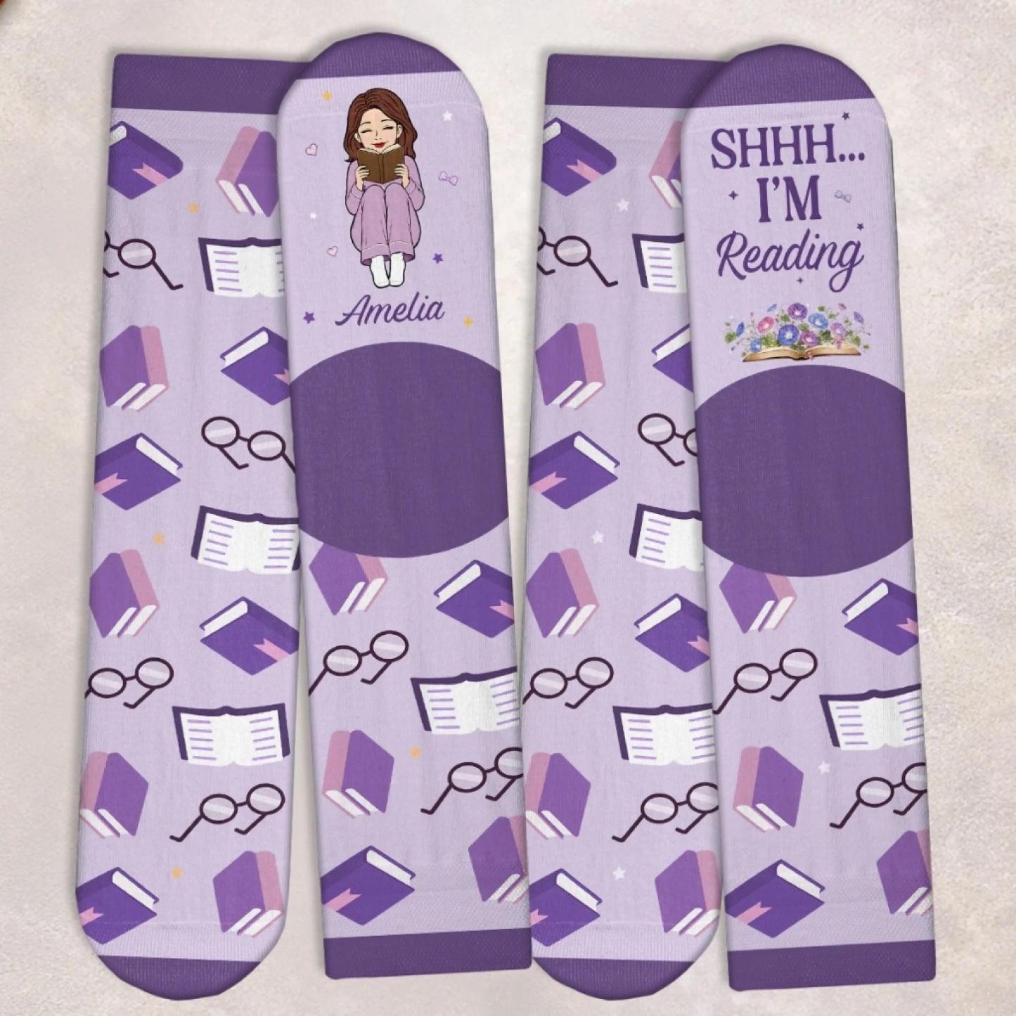 Custom Shh I'm Reading Crew Socks - Personalized Bookish Gifts For Book Lovers, Bookworms, Readers - Easily Distracted By Books - MyFaceSocksAU