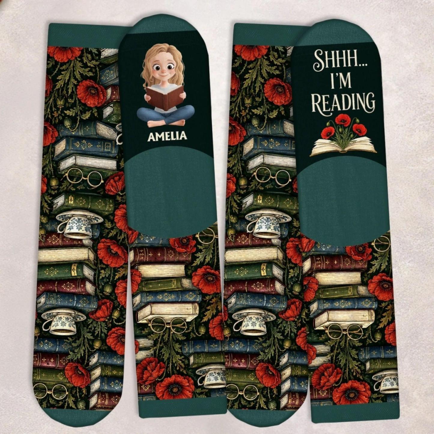 Custom Shh I'm Reading Crew Socks - Personalized Bookish Gifts For Book Lovers, Bookworms, Readers - One More Chapter - MyFaceSocksAU