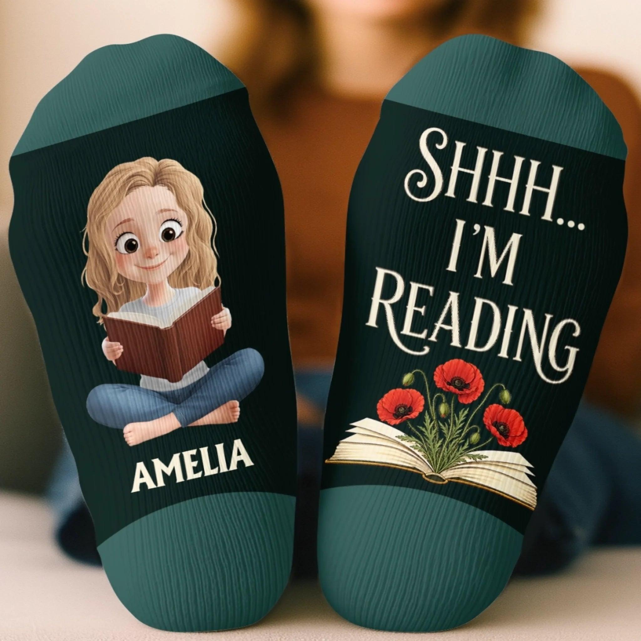 Custom Shh I'm Reading Crew Socks - Personalized Bookish Gifts For Book Lovers, Bookworms, Readers - One More Chapter