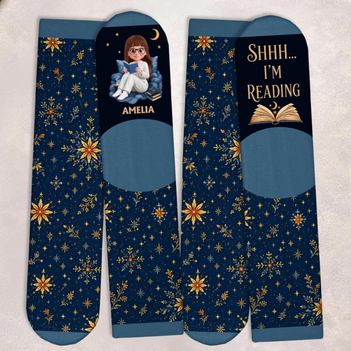 Custom Shh I'm Reading Crew Socks - Personalized Bookish Gifts For Book Lovers, Bookworms, Readers - I'm Booked - MyFaceSocksAU