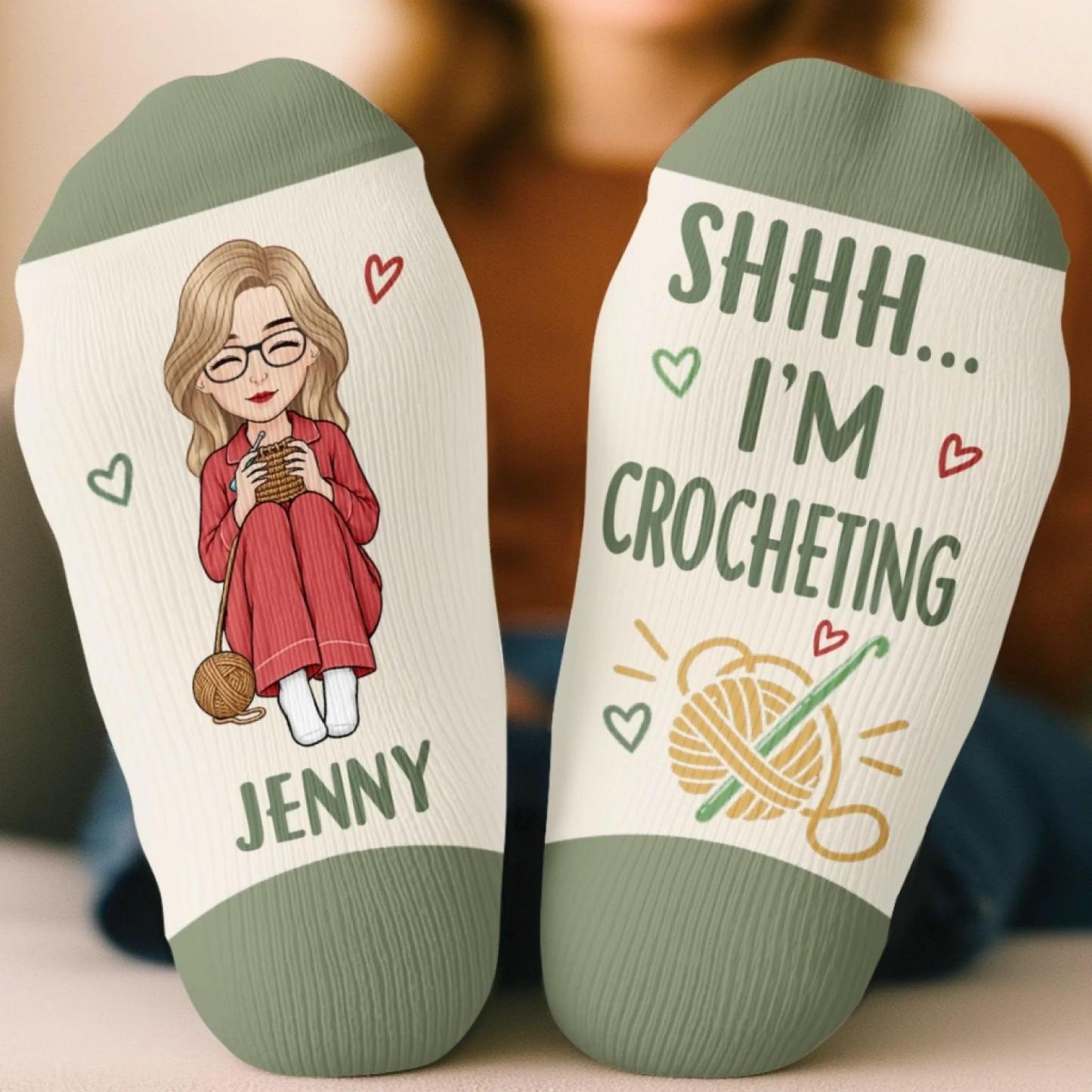 Custom Yarn Crew Socks - Personalized Birthday Gifts For Crochet Knitting Lovers, Crocheters, Knitters, Wife, Daughter, Besties, Sisters, Granddaughter, Grandma, Mom, Yourself - Just One More Row Today - MyFaceSocksAU