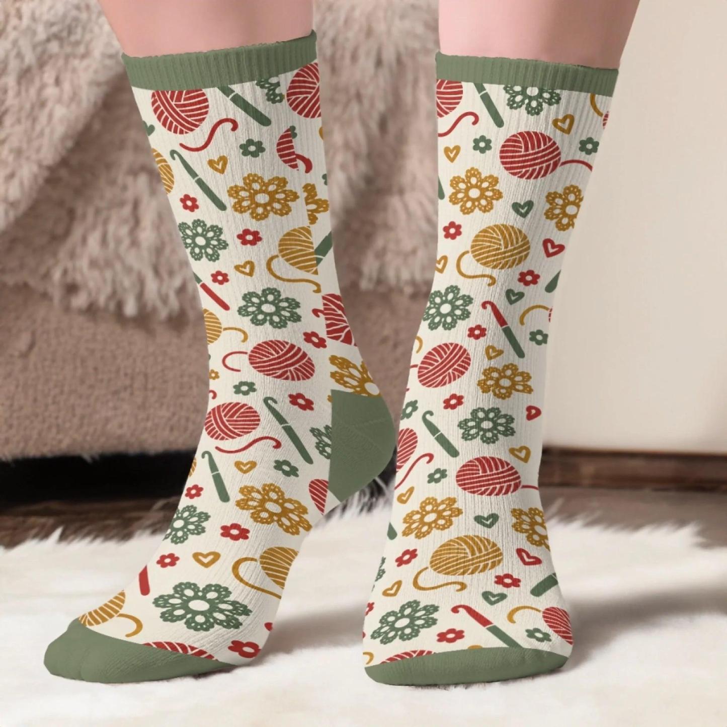 Custom Yarn Crew Socks - Personalized Birthday Gifts For Crochet Knitting Lovers, Crocheters, Knitters, Wife, Daughter, Besties, Sisters, Granddaughter, Grandma, Mom, Yourself - Just One More Row Today - MyFaceSocksAU