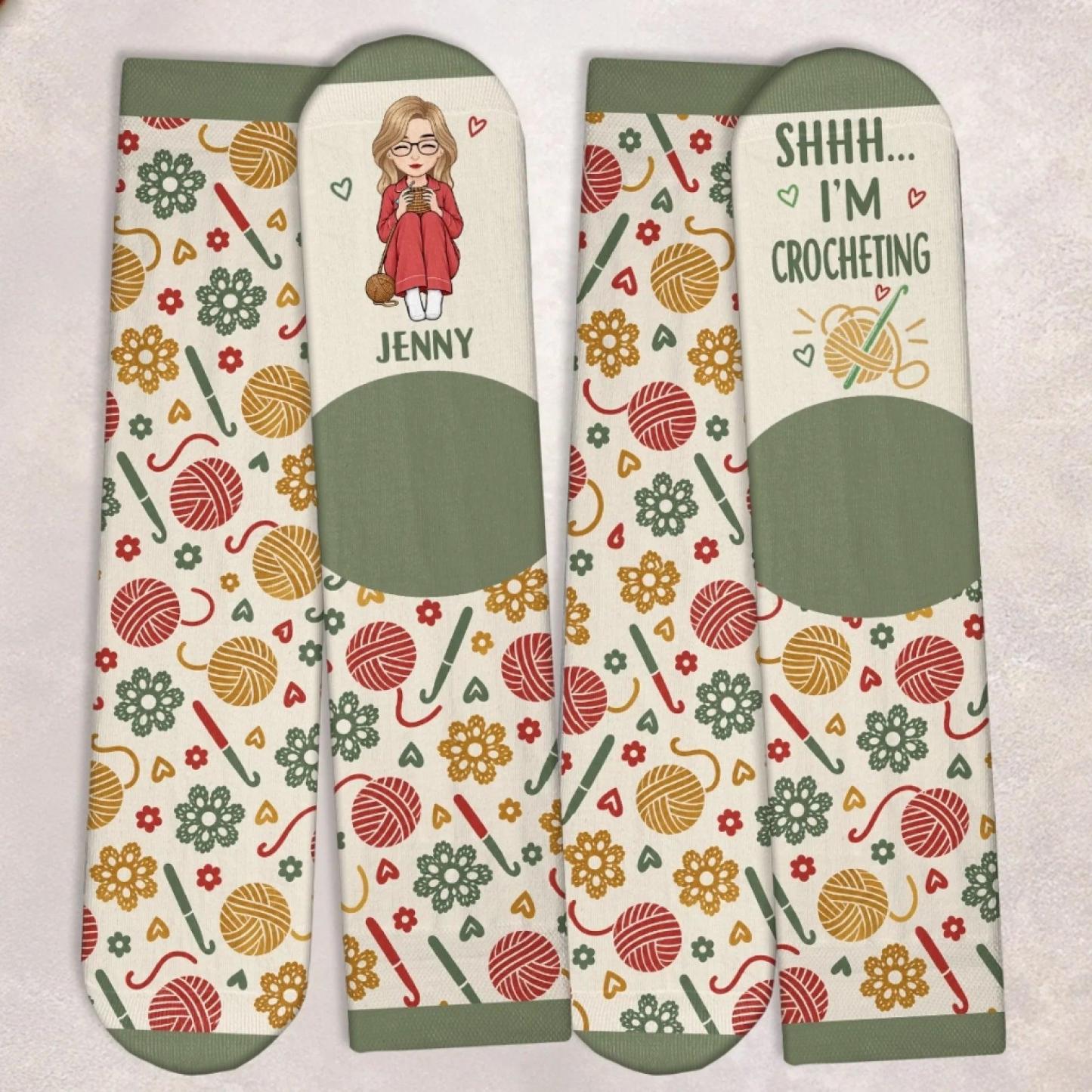 Custom Yarn Crew Socks - Personalized Birthday Gifts For Crochet Knitting Lovers, Crocheters, Knitters, Wife, Daughter, Besties, Sisters, Granddaughter, Grandma, Mom, Yourself - Just One More Row Today - MyFaceSocksAU